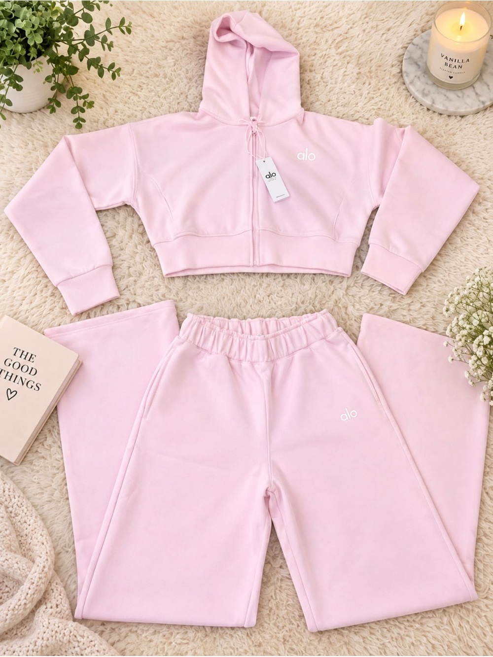 ALO Yoga Kids Light Pink Cropped Hoodie & Jogger Set